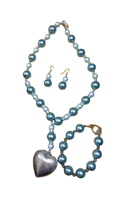 Blue and Silver heart necklace,earrings and braclet